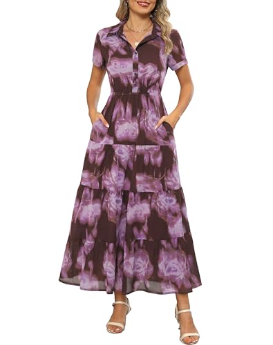 Image of Kranda Women 2026 Summer Collared V Neck Short Sleeve Button Down Chiffon Long Tiered Floral Maxi Dress with Pockets