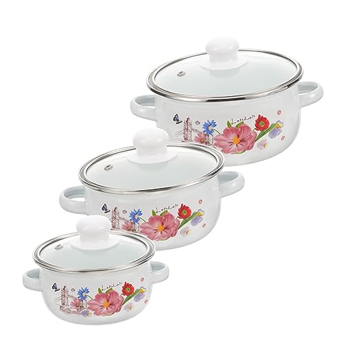 Hemobllo 3 piezas Olla de Esmalte Vintage con Doble Asa de Olla para Guisos y Sopa para Cocina Eléctrica Inducción y Gas con Tapa y Diseño Aleatorio Multiusos para Hogar y Camping