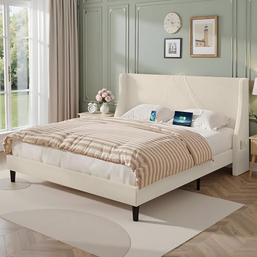 VECELO Polsterbett 140x200 cm mit USB & Type-C Anschlüssen, Doppelbett mit Kopfteil und 2 Seitentaschen, Bett Bettrahmen Bettgestell mit Lattenrost, Jugendbett, Leinen, Ohne Matratze, Beige