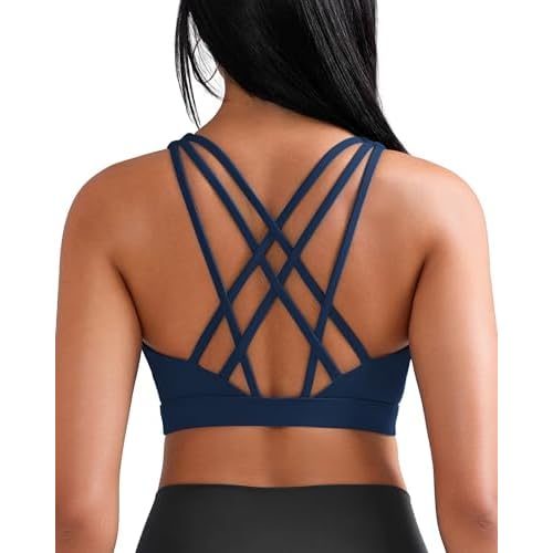 RUNNING GIRL Sports Bras for Women, Medium-High Impact Running Strappy Sports Bra with Removable Pads Dark Blue Large