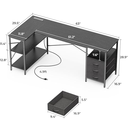 Huuger L Shaped Desk with Power Outlets, 63 Inch Reversible Computer Desk with 3 Drawers and Shelves, Home Office Table for Corner Work Study Writing Gaming, Black