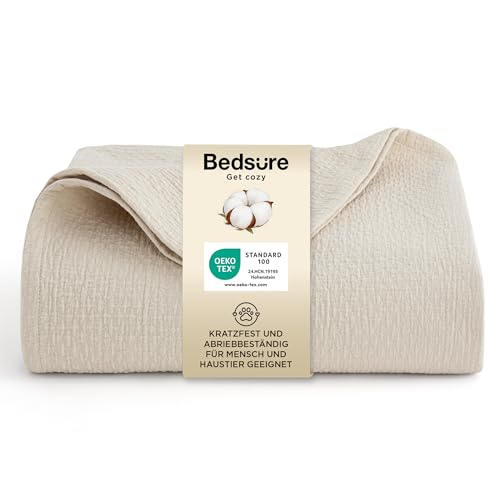 BEDSURE Tagesdecke 100% Baumwolle Kuscheldecke Hundedecke - Baumwolldecke mit Rautenmuster Haustierfreundlich Scheuerfest Nicht Fadenziehend Ideal für Sofa Musselin Decke Beige 150x200 cm