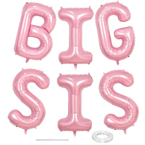 Image of 40 Inch Pastel Pink BIG SIS Letter Balloons, Pearl Pink BIG SIS Balloon Letters with Ribbon, Light Pink Baby Girls Alphabet Balloon for Her Baby Shower Birthday Gender Reveal Party Decoration Supplies