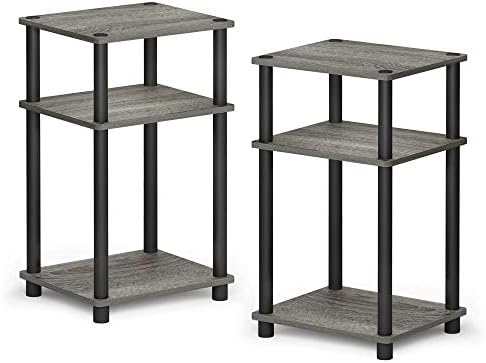 Furinno Just 3-Tier Turn-N-Tube End Table / Side Table / Night Stand / Bedside Table with Plastic Poles, 2-Pack, French Oak Grey/Black