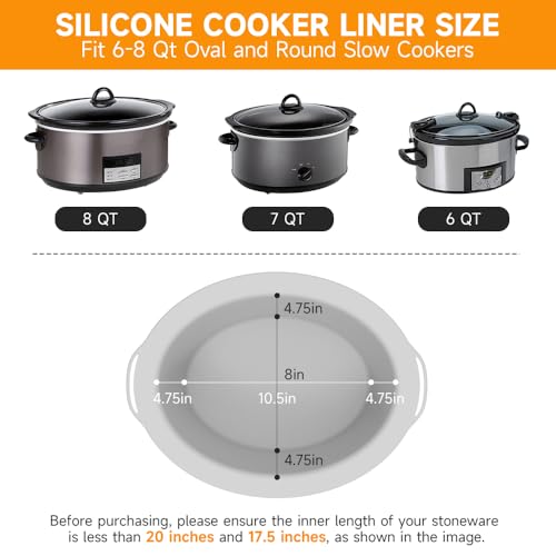ChefAid Slow Cooker Liners, 100% Silicone Reusable Crock Pot Insert Accessories for 6-8 Oval or Round Quart Slow Cookers, Food Safe & Dishwasher Safe (Black-Grey)