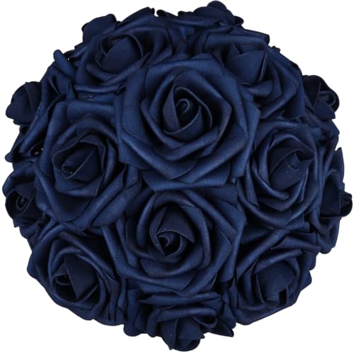 Alifst 25pcs Artificial FlowerReal Touch Artificial Foam Roses Decoration DIY for Wedding Bridesmaid Bridal Bouquet Centerpieces Party - Navy Blue