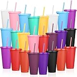 24 Pack Plastic Tumblers with Lids and Straw, Reusable Cups with Lids and Straws Colorful Cups for Cold Drink Iced Coffee, Plastic Tumbler Bulk for Party Birthday Gifts (24 oz, Stylish Colors)