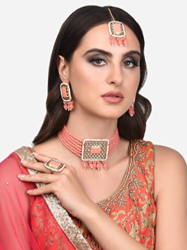 Image of ZAVERI PEARLS Peach Multistrand Beaded Choker Necklace Earring Maangtikka & Ring Set For Women-ZPFK14144