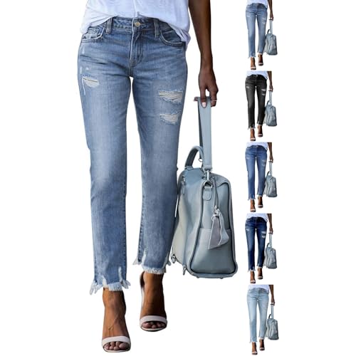 Ripped Jeans Womens Straight Leg High Rise Ladies Frayed Hem Distressed Jeans Denim Ankle Pants with Pockets