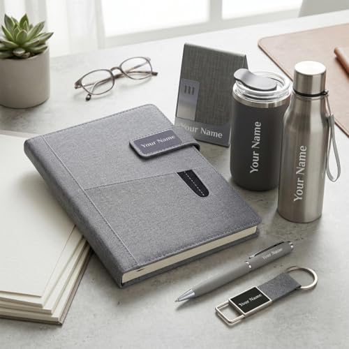 Image of Giftana Personalized Diary with Pen, Coffee Tumbler 350ml, Water Bottle 750ml, Keychain, Card holder Gift Set for Men and Women, 6 in 1 Personalised Corporate Gifting for Employee (Grey)