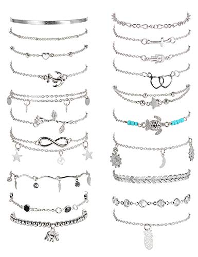 FASACCO 20Pcs Silver Plated Ankle Bracelets for Women Anklet Set Adjustable Beach Anklet Set Star Heart Infinite Turtle Anklets