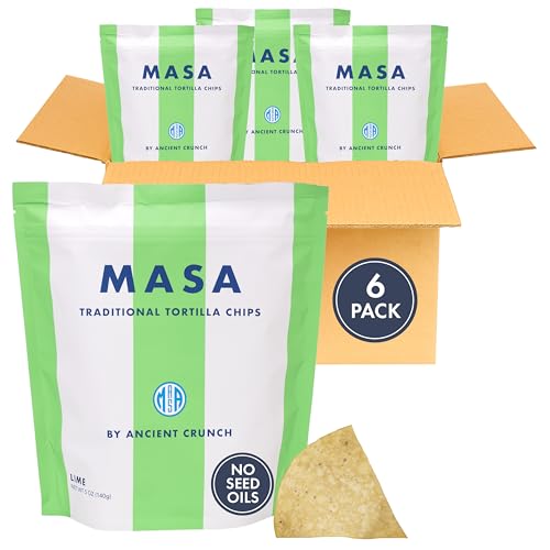 MASA Chips - Lime Flavored Tortilla Chips, Handmade Corn Chips & Crisps - Naturally Grown White Corn, Made with Grass Fed Tallow & Sea Salt - 6 Pack, 5 Ounce Each