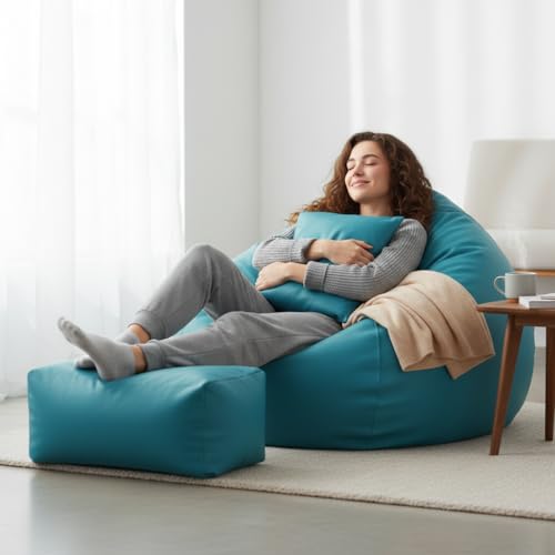 Image of Luxury 5XL Jumbo Bean Bag with Footrest & Cushion | Premium Leatherette | High-Density Beans Filled | Heavy Duty Double Stitch | 6 Months Warranty Color- (Navy Blue) (Aqua)