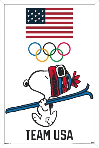 Trends International Team USA x Peanuts – Snoopy Winter Ski Jump Wall Poster, 34L x 22.4W, White Framed Version