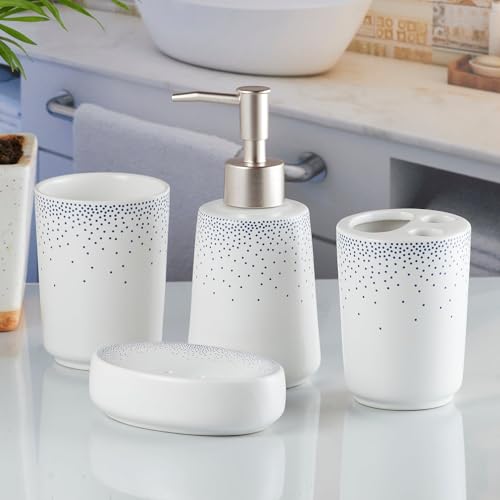 Image of Kookee Ceramic Bathroom Accessories Set - 4-Piece Modern Bath Set with Soap Dispenser & Toothbrush Holder - Elegant Home & Gift Choice, White /Black (10168)