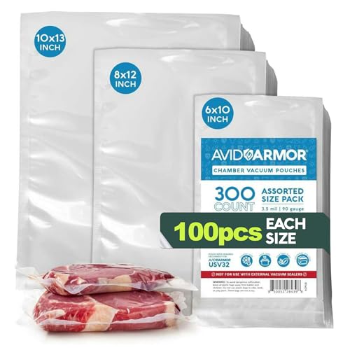 Avid Armor 300 CT Chamber Vacuum Sealer Bags for USV32 – Assorted Sizes (6x10", 8x12", 10x13"), BPA-Free, Reusable, for Food Storage, Sous Vide, and Freezer Preservation