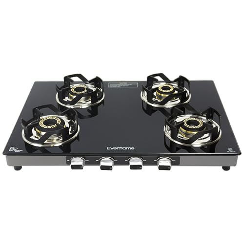 Image of Everflame Atlas 4 Burner Gas Stove | Ultra-Premium 8mm Toughened Glass Top | Euro-Coated Pan Support | LPG Ready & PNG Convertible | Manual Ignition | 2 Years Warranty + Free Doorstep Service