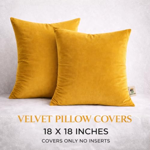 Velvet Pillow Covers 18x18 Set of 2 | Soft Plush Decorative Throw Pillow Cases | Hidden Zipper Home Decor (Mustard Yellow) - Image 3
