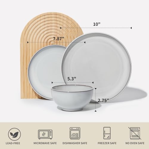 Image of Pokini Stoneware Dinnerware Sets for 8, 24pcs Plates and Bowls Sets Dishes | Reactive Glaze Ceramic Dish Set, Microwave & Dishwasher Safe, Highly Chip and Crack Resistant Dishware sets, Moonstone White