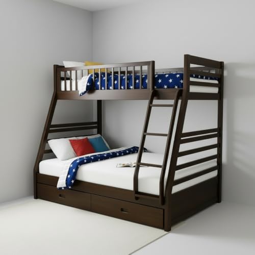 Image of APRODZ Solid Wood Elvira Dark Walnut Twin Over Queen Size Bunk Bed with Storage