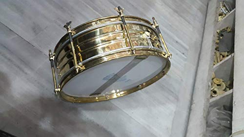 Brass Side Drum School Band Marching Dhol (12" Inch) with 2 Piece Skin and Sticks