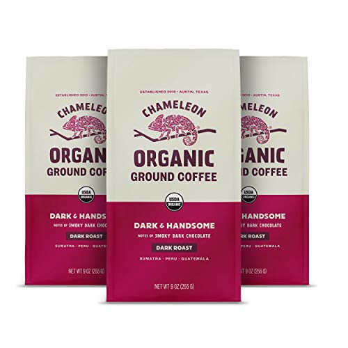 Chameleon Organic Ground Coffee, Dark Roast Dark & Handsome, 100% Arabica, 3 bags (9 oz each)
