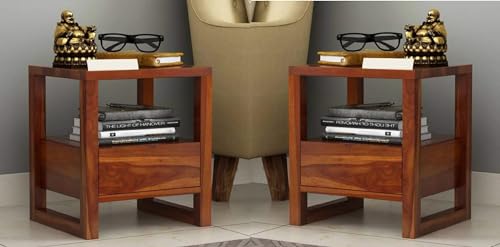 Image of Solid Sheesham Wood Bedside Table for Bedroom | Wooden Set of 2 Bed Side Nightstand Lamp Table with Drawer & Open Shelf Storage for Home & Hotels | Rosewood, Natural Finish