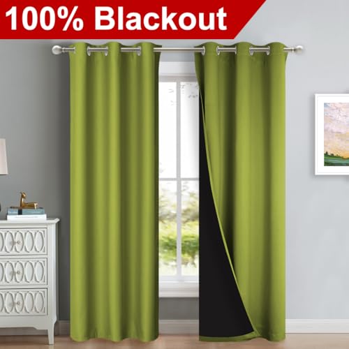 Image of NICETOWN Blackout Curtains 80 inches Long, 2 Pieces, 42 inch Wide Each Panel, Fresh Green, Full Light Blocking Drapes with Black Liner for Nursery, Thermal Insulated Draperies for Hall, Villa