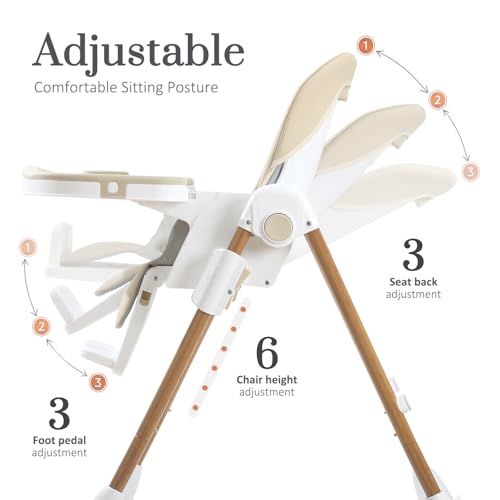 Image of Mallify Foldable High Chairs for Babies and Toddlers, 3-in-1 Convertible Baby High Chair with Removable Soft Cushion and Tray, Adjustable Height & Recline, Lockable Wheels, Cream