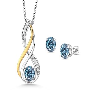 Gem Stone King 925 Silver and 10K Yellow Gold Oval 6X4MM Gemstone Birthstone and White Lab Grown Diamond Pendant and Earrings Jewelry Set For Women | With 18 Inch Chain