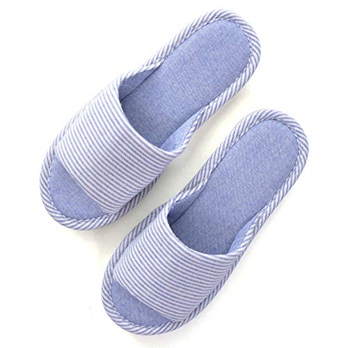 Hee grand Women's Slip on Cotton Flats House Slippers,Indoors Open Toe Stripe Home Slippers,Light Blue