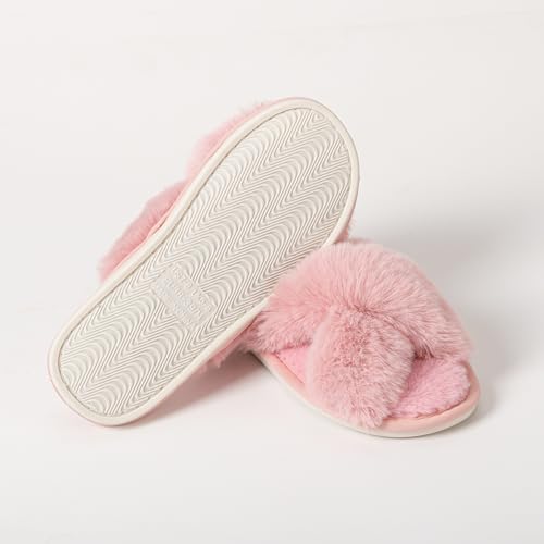 Image of Enteer Women's Slipper Memory Foam Cross Band Fuzzy Slippers Open Toe Cozy House Slippers Cozy Plush Bedroom Indoor Outdoor