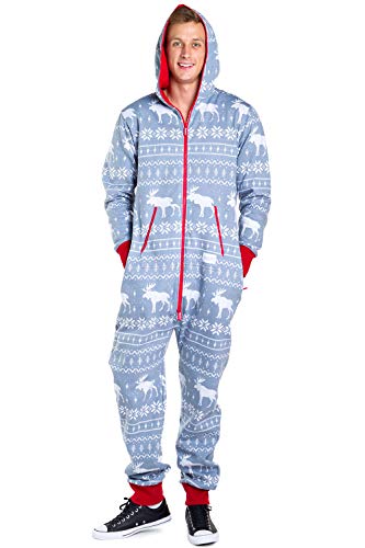 Tipsy Elves Men's Cozy Christmas Onesie Pajamas - Grey Moose Adult Holiday Cozy Jumpsuit: Large