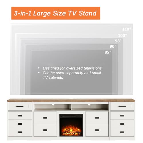 Image of WAMPAT 3-in-1 Fireplace TV Stand for 110 inch TV,31.9 inch H Farmhouse Entertainment Center with 10 Drawers and Open Storage compartments for Living Room,Antique White