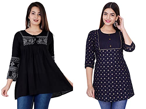 Image of Shiva Fab Short Kurti for Women | Embroidered Straight Rayon Kurta | Round Neck Full Sleeves Short Kurti for Women's Combo Pack of 2