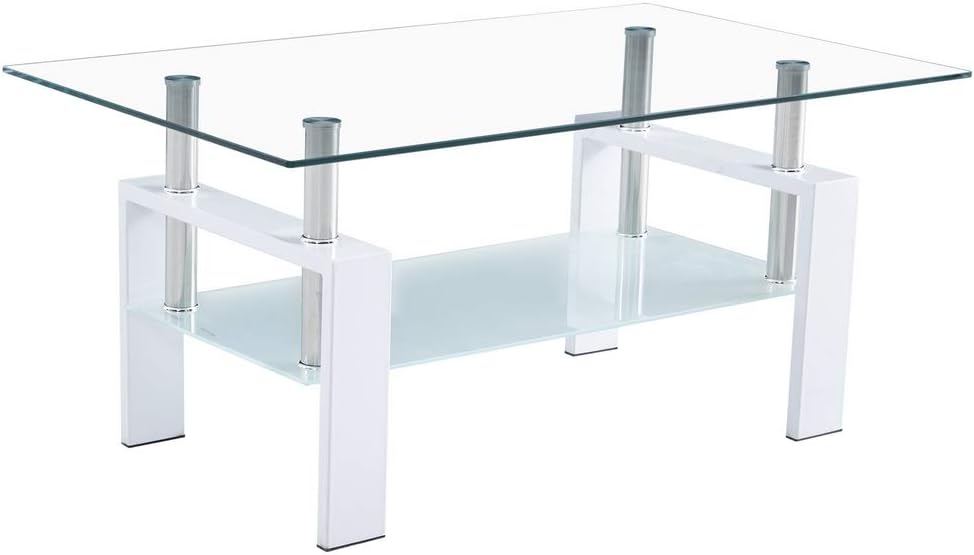 Glass Coffee Table with Lower Shelf, Modern Rectangle Coffee Table Tempered Glass Top Stainless Steel Table Legs, Living Room Furniture,Waiting Area Table (White)