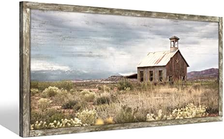 Country Wall Art Framed Picture: Large Farmhouse Old Barn Wood Painting Decor Rustic Bedroom Living Room Farm Scene Print Horizontal Panoramic Nature Landscape Countryside View Artwork for Home