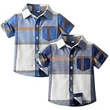 Feidoog Toddler 2 Pack Baby Boys Short Sleeve Plaid Shirts Button Down Top Outwear Clothes,Dark Blue+Blue,2-3T