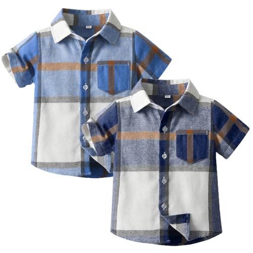 Feidoog Toddler 2 Pack Baby Boys Short Sleeve Plaid Shirts Button Down Top Outwear Clothes,Dark Blue+Blue,2-3T