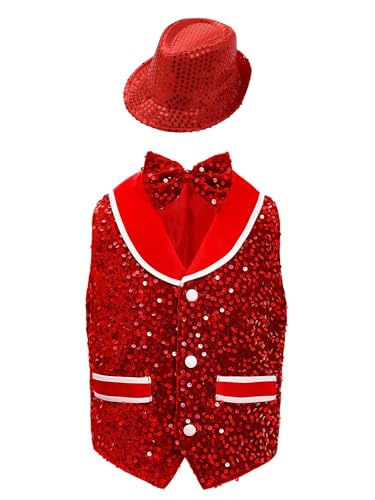JEATHA Boys Sleeveless Sequin Vest with Bowtie Glitter Hat Party Outfits for Latin Jazz Hip Hop Modern Dance