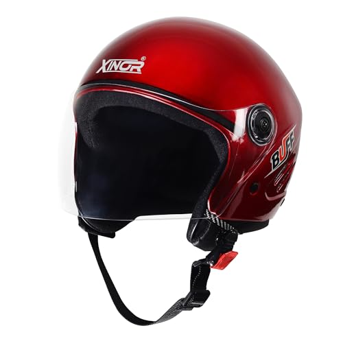 Image of Buff Open Face Motorcycle Helmet Medium | ISI Certified Unisex Helmet | Lightweight ABS Shell with Clear Visor & Quick Release Strap for Bike & Scooter Riders (Matte Black)