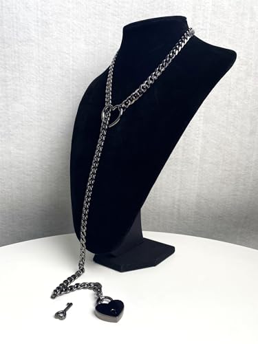paloli Womens Slip Chain Necklace Heart O-Ring, Punk Rock Cuban Long Necklace Jewelry For Women, Adjustable Lariat Y-Necklace Heart Locker With Key2