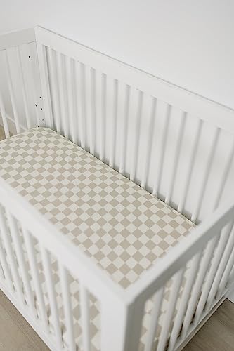 Image of Taupe Checkered Muslin Crib Sheet by Mebie Baby, Soft and Breathable Bed Sheets for Babies, Modern Neutral Bedding for Cribs, Standard Crib Mattress Fitted Sheet, Great for Boy or Girl Room or Nursery