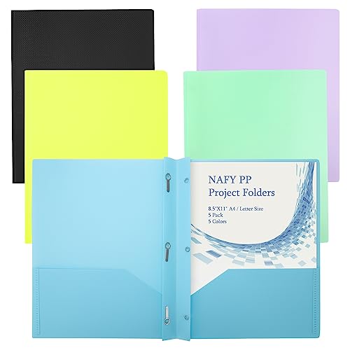 Nafy Project Folders With 2 Pockets,Plastic File Folders 5 Packs 5 Colors With 3 Fasteners A4 Letter Size Project Organizer For Office School Waterproof Folder (A) #TOP28