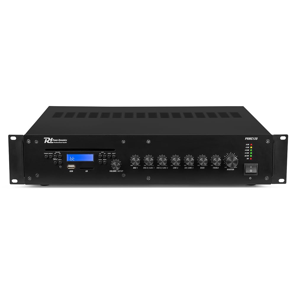 Power Dynamics PRC120 Amplificador 100V 120W con CD y Bluetooth | Reproductor CD integrado, alimentación Phantom, control de tono, compatible con instalaciones de música ambiental.