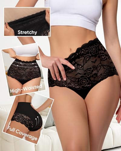 Image of Women's High Waisted Underwear Ladies Lace Sexy Panties Breathable Soft Stretch 4 Pack Full Coverage