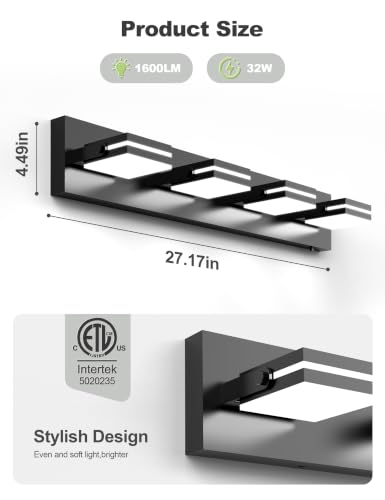Image of VOLISUN 4 Light Bathroom Vanity Light, 27.16 inch Dimmable Bathroom Light Fixtures Over Mirror, 5 Color Temperatures, 180Rotatable Head, Black LED Vanity Lights for Bathrooms-ETL Certificated