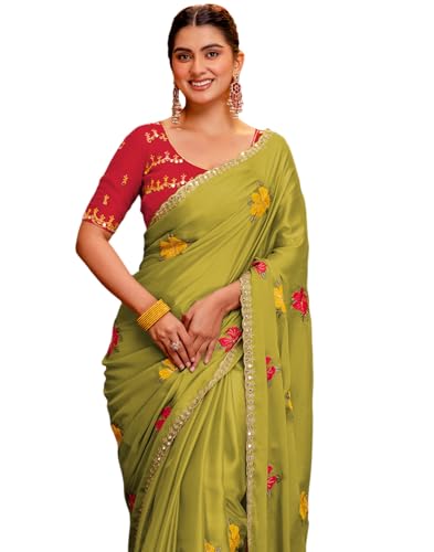 Image of SIRIL Women's Embroidery, Mirror Work, Scalloped Border Shimmer Georgette Saree With Unstitched Blouse Piece