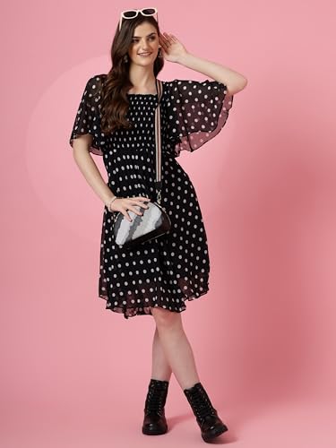 Image of Sheetal Associates Women's Fit and Flare Polka Print Georgette Flared Sleeve Casual Dress