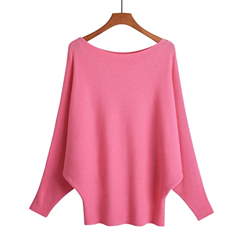 Image of Blostirno Women's Boat Neck Batwing Sleeves Dolman Ribbed Knitted Sweaters Pullovers Tops